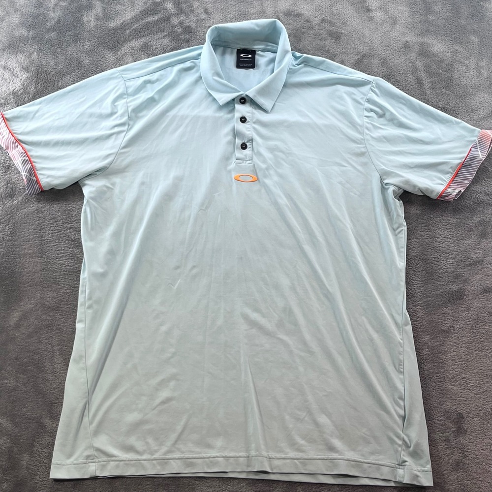 Oakley Mens‎ Performance Fit Golf Polo Shirt Light Blue Orange Logo Large XL